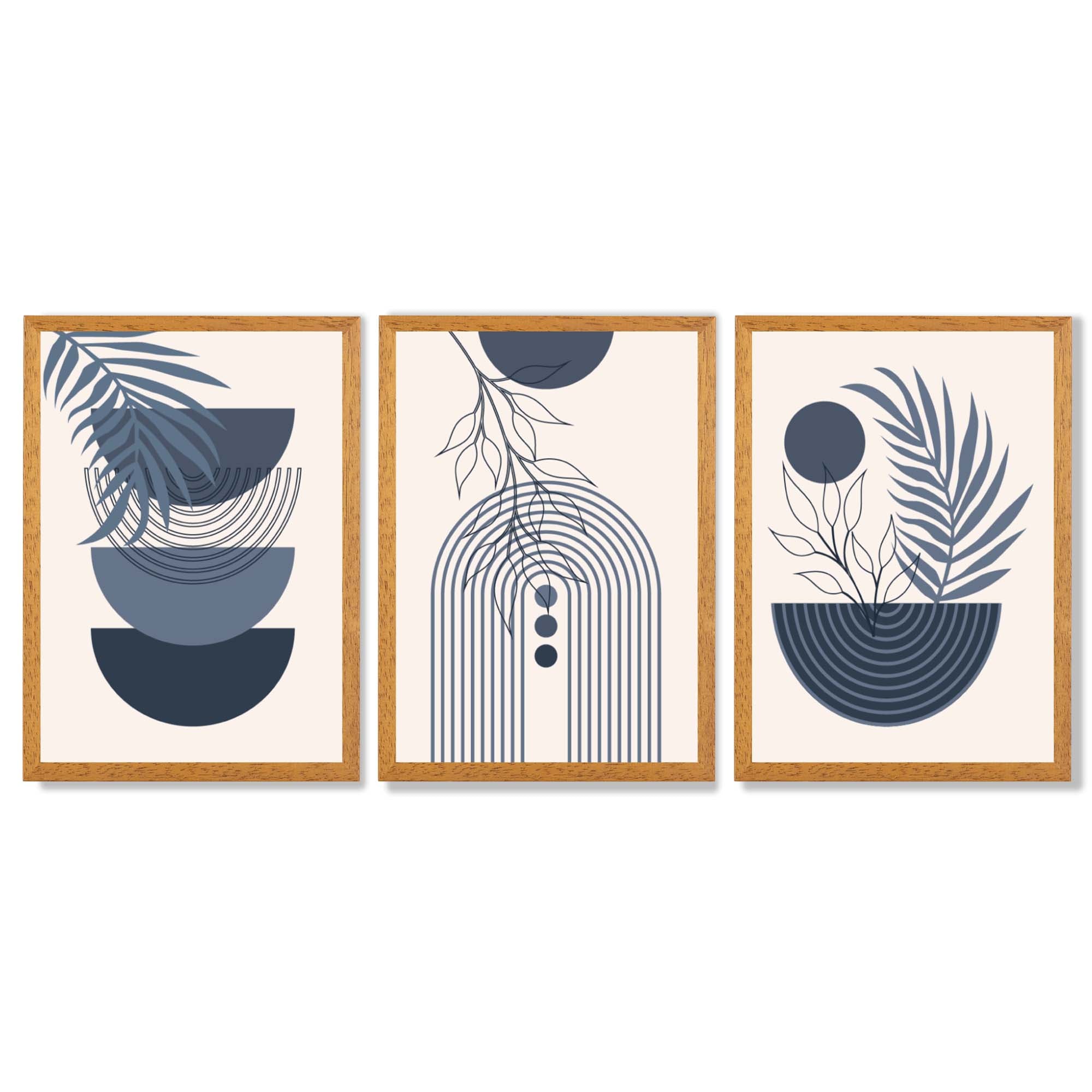 Set of 3 Boho Floral Geometric Navy and Blue Framed Art Prints with Oak Wooden Frames