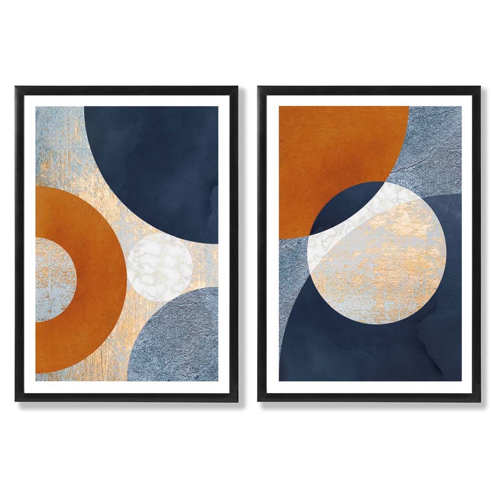 Blue and Orange Mixed Media Set of 2 Art Prints with Black Frame