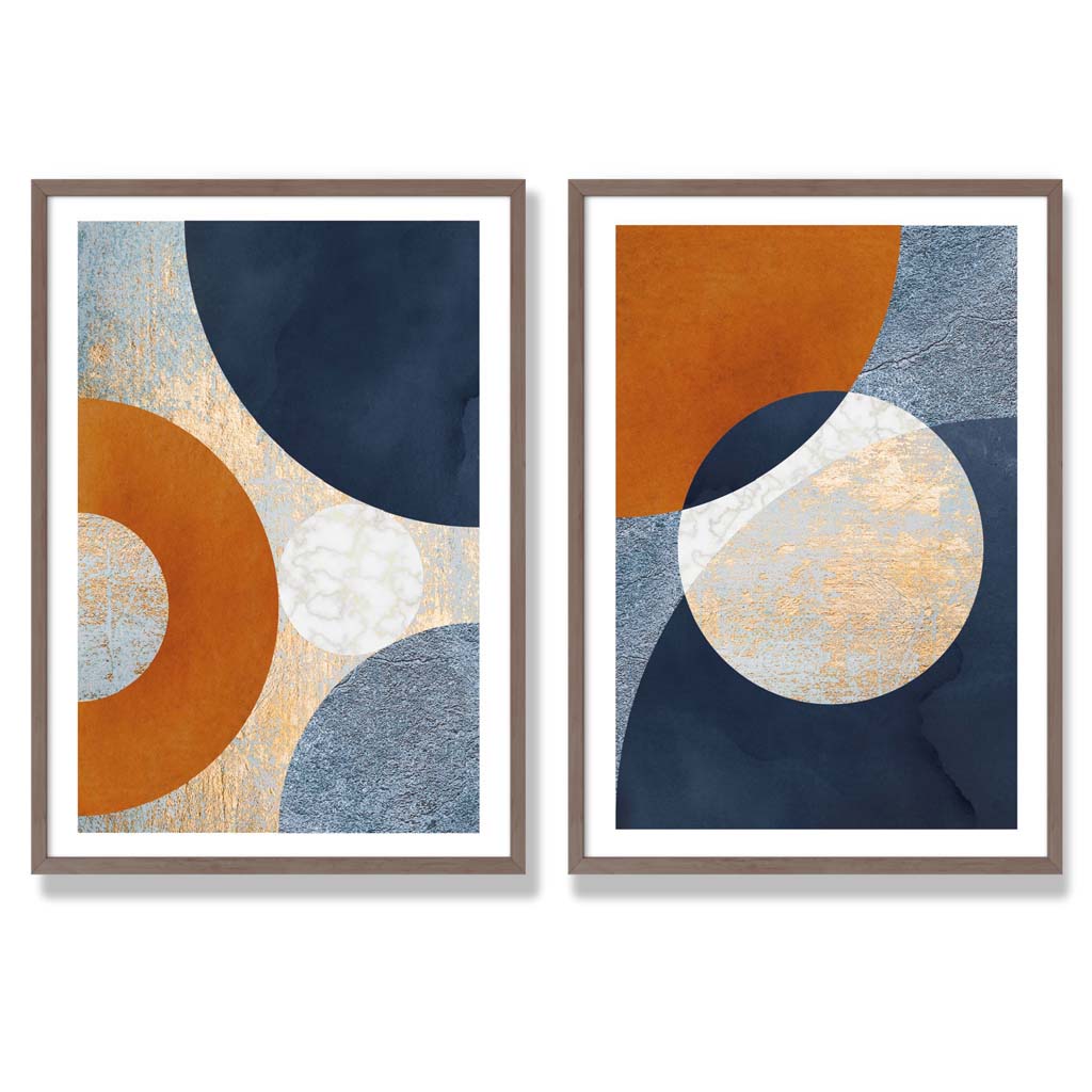 Blue and Orange Mixed Media Set of 2 Art Prints with Walnut Frame