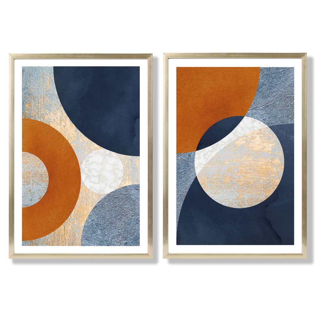 Blue and Orange Mixed Media Set of 2 Art Prints with Gold Frame