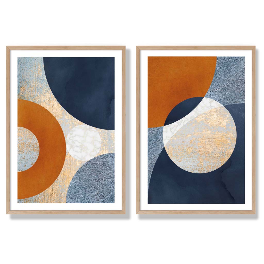 Blue and Orange Mixed Media Set of 2 Art Prints with Oak Frame