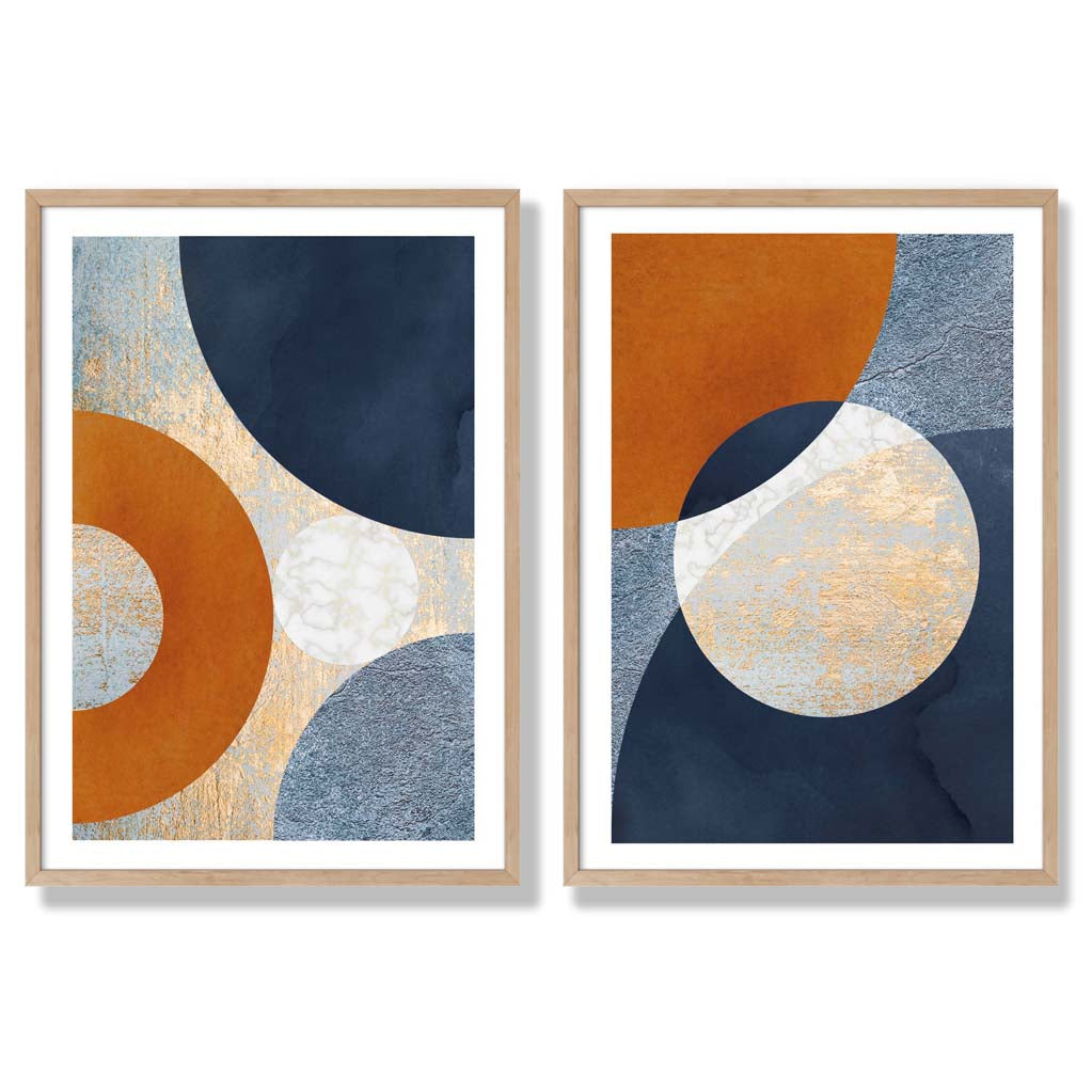 Blue and Orange Mixed Media Set of 2 Art Prints with Oak Frame