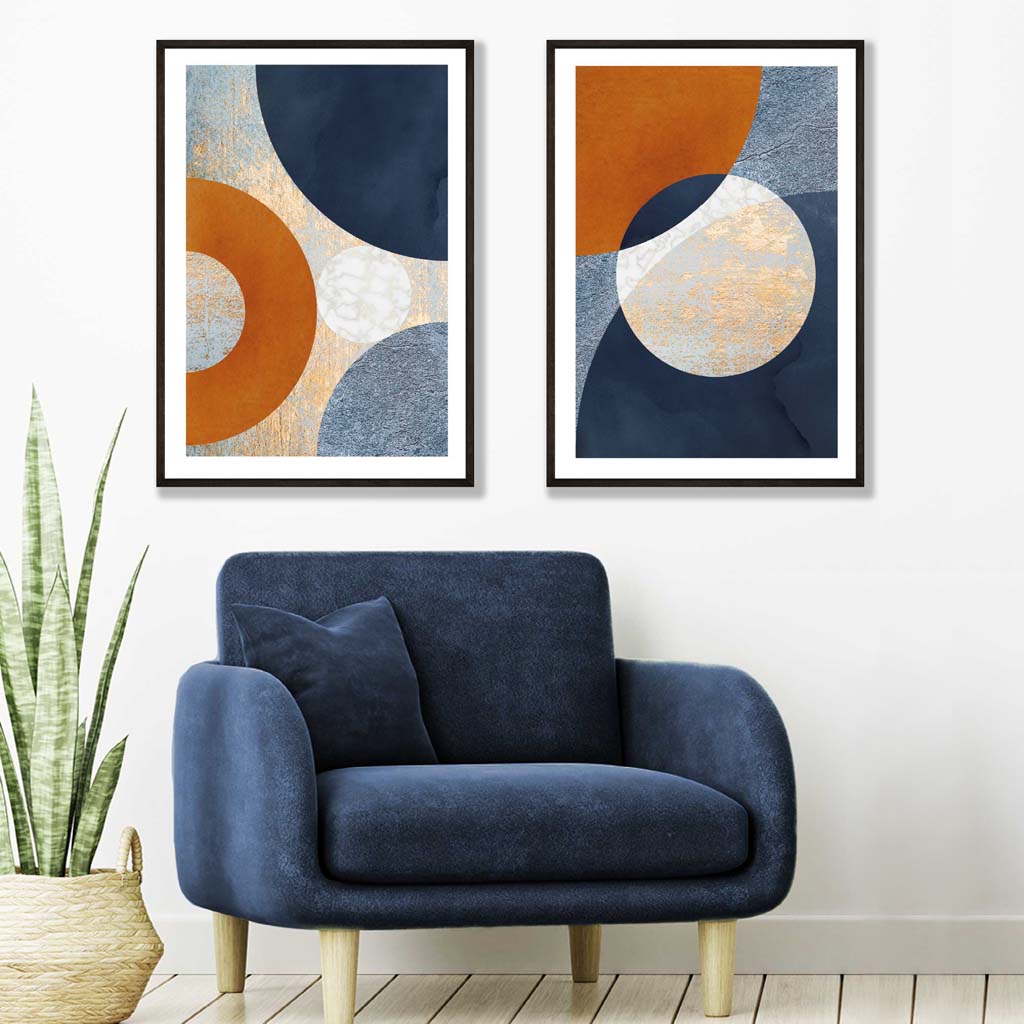 Blue , Orange Mixed Media Set of 2 Art Prints | Artze Wall Art UK