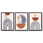 Set of 3 Boho Floral Geometric Blue and Orange Framed Art Prints with Black Wooden Frames