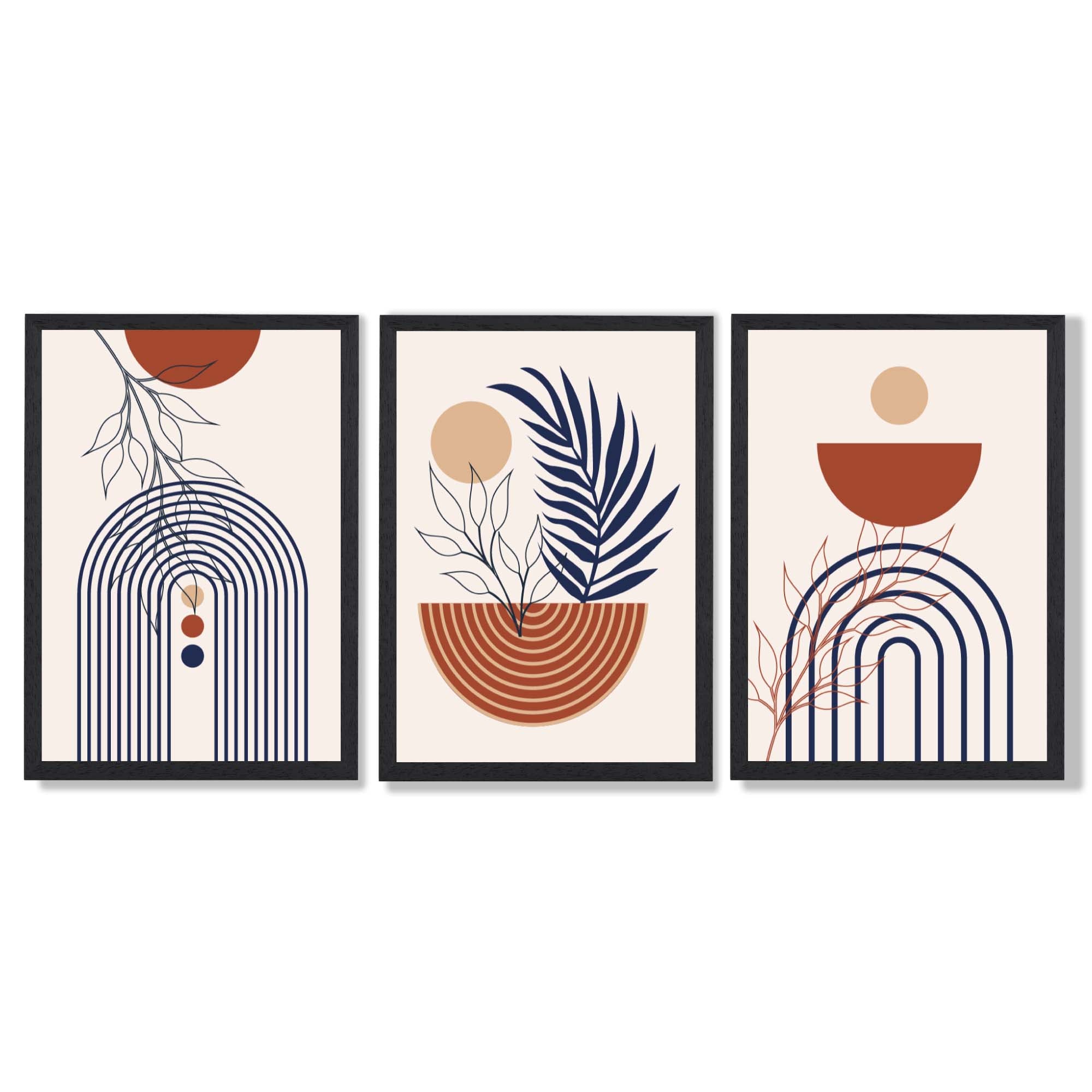 Set of 3 Boho Floral Geometric Blue and Orange Framed Art Prints with Black Wooden Frames