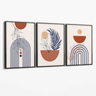 Set of 3 Boho Floral Geometric Blue and Orange Canvas Art Prints with Grey Float Frame