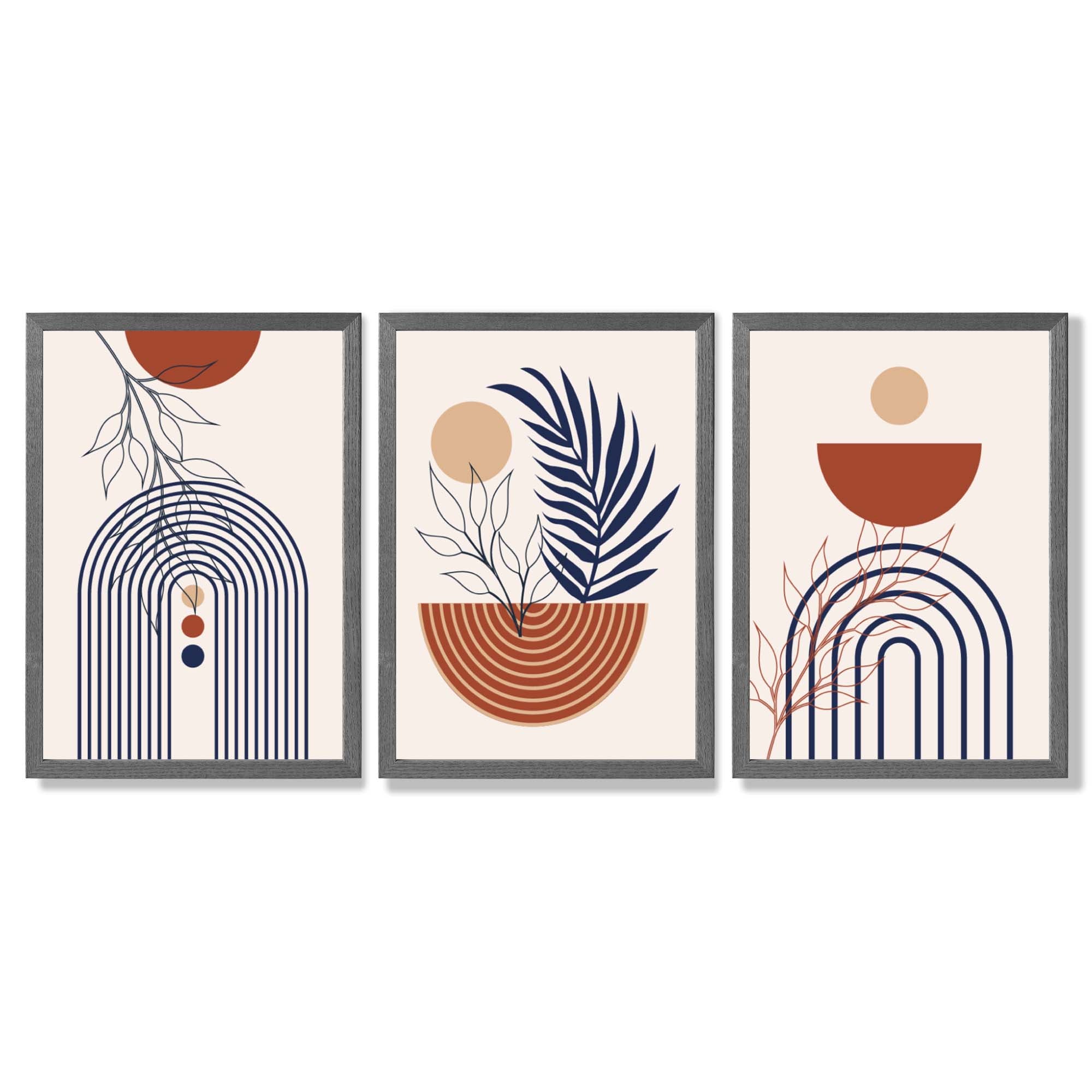 Set of 3 Boho Floral Geometric Blue and Orange Framed Art Prints with Dark Grey Wooden Frames