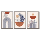 Set of 3 Boho Floral Geometric Blue and Orange Framed Art Prints with Dark Wood Frames