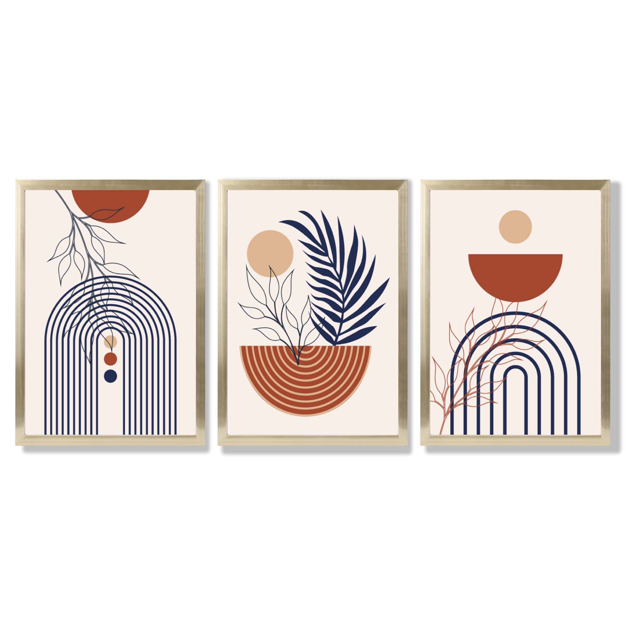 Set of 3 Boho Floral Geometric Blue and Orange Framed Art Prints with Gold Wood Frames