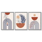 Set of 3 Boho Floral Geometric Blue and Orange Framed Art Prints with Light Grey Wooden Frames