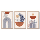 Set of 3 Boho Floral Geometric Blue and Orange Framed Art Prints with Light Oak Frames