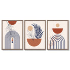 Set of 3 Boho Floral Geometric Blue and Orange Framed Art Prints with Light Walnut Frames