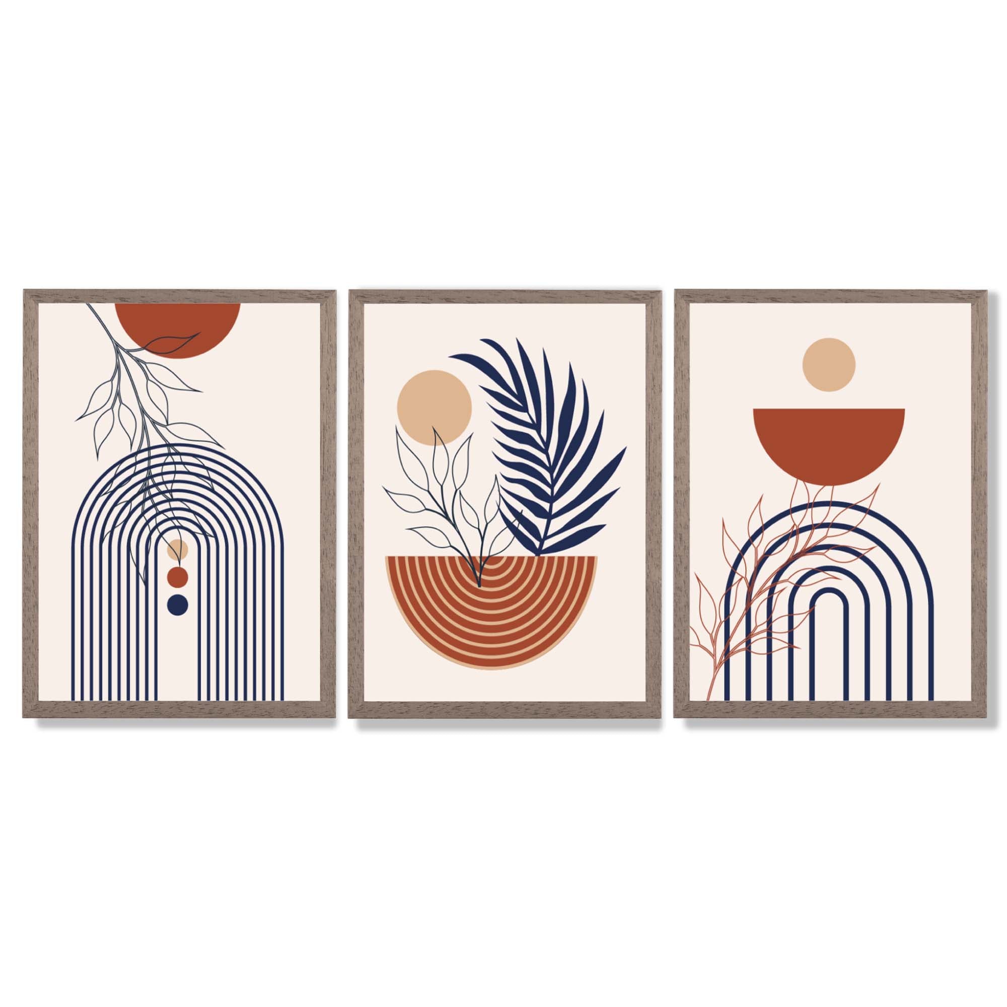 Set of 3 Boho Floral Geometric Blue and Orange Framed Art Prints with Light Walnut Frames
