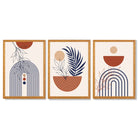 Set of 3 Boho Floral Geometric Blue and Orange Framed Art Prints with Oak Wooden Frames