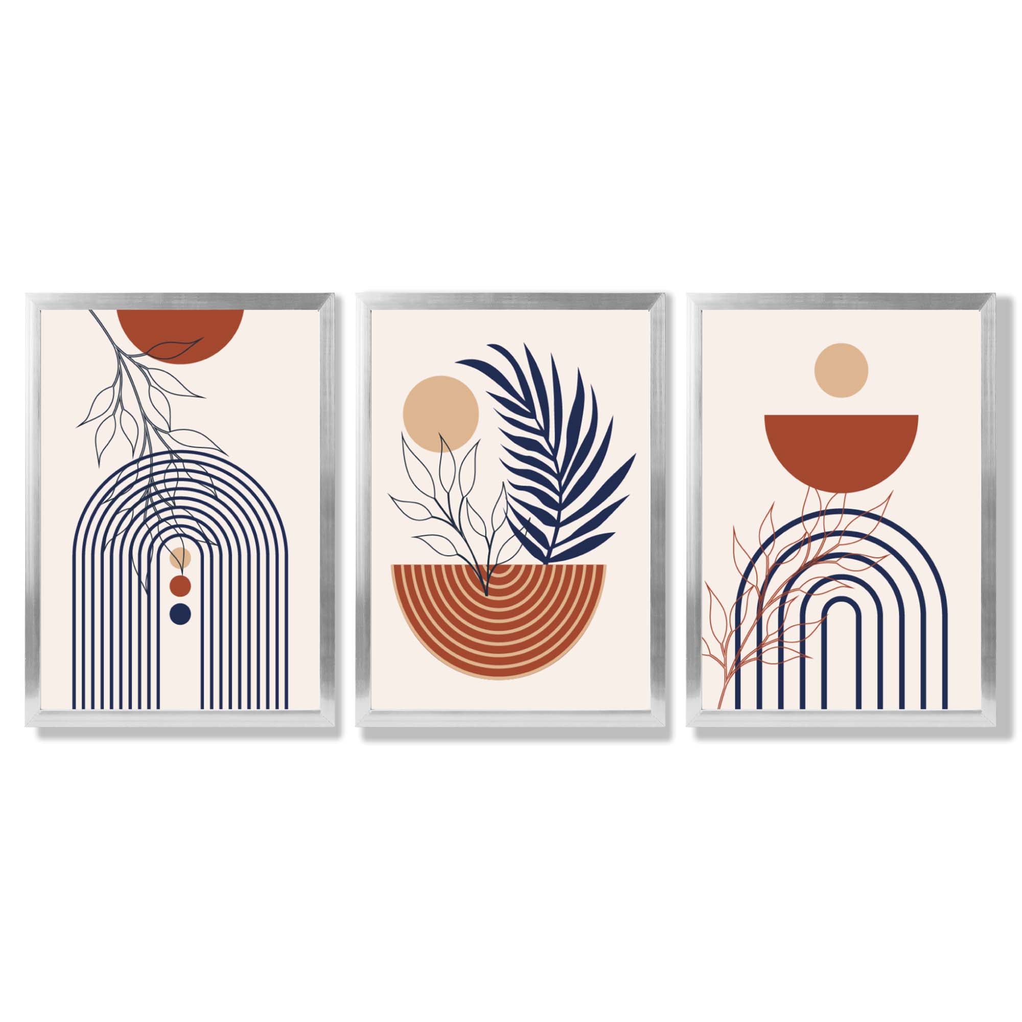 Set of 3 Boho Floral Geometric Blue and Orange Framed Art Prints with Silver Wood Frames