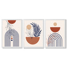 Set of 3 Boho Floral Geometric Blue and Orange Framed Art Prints with White Wooden Frames
