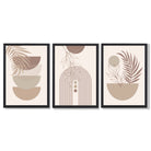 Set of 3 Boho Floral Geometric Neutral Beige Framed Art Prints with Black Wooden Frames