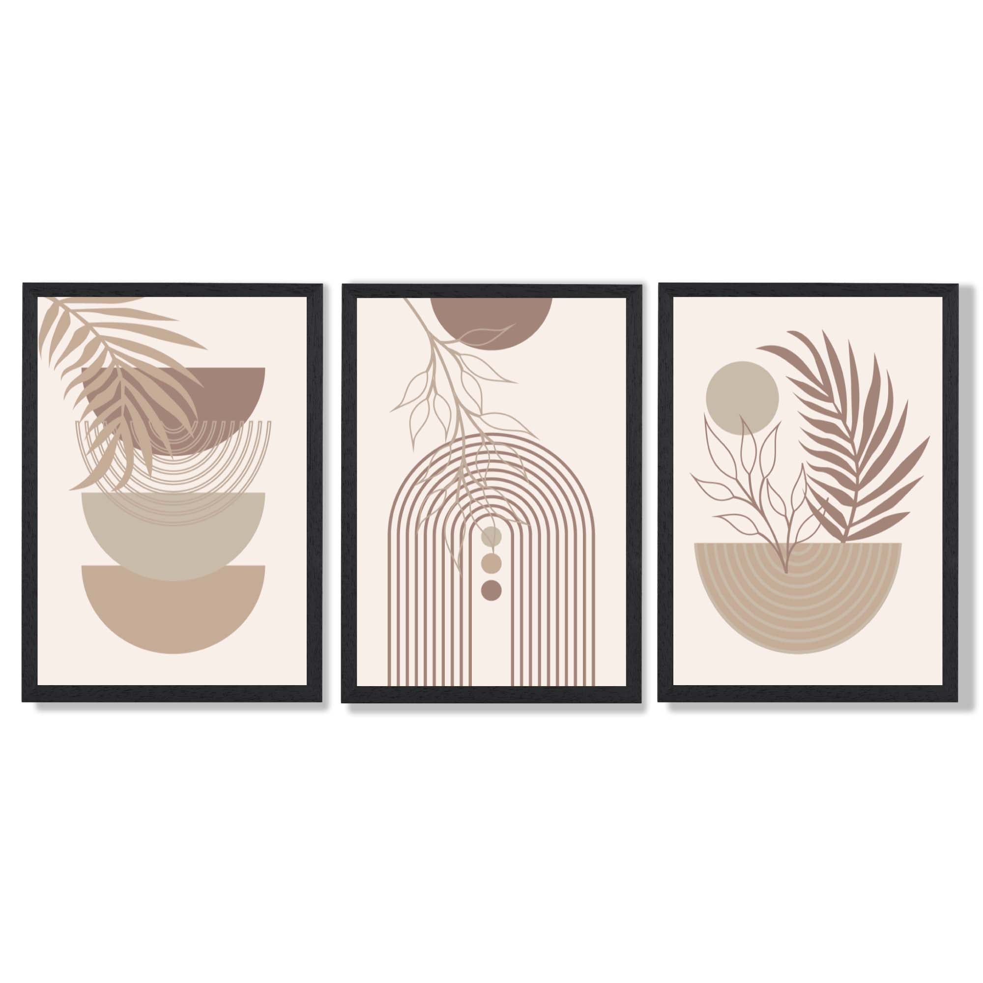 Set of 3 Boho Floral Geometric Neutral Beige Framed Art Prints with Black Wooden Frames