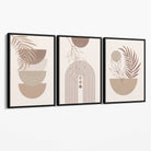 Set of 3 Boho Floral Geometric Neutral Beige Canvas Art Prints with Black Float Frame