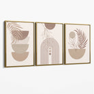 Set of 3 Boho Floral Geometric Neutral Beige Canvas Art Prints with Gold Float Frame