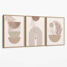 Set of 3 Boho Floral Geometric Neutral Beige Canvas Art Prints with Oak Float Frame