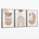 Set of 3 Boho Floral Geometric Neutral Beige Canvas Art Prints with Silver Float Frame