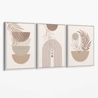 Set of 3 Boho Floral Geometric Neutral Beige Canvas Art Prints with White Float Frame