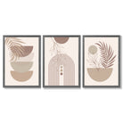 Set of 3 Boho Floral Geometric Neutral Beige Framed Art Prints with Dark Grey Wooden Frames