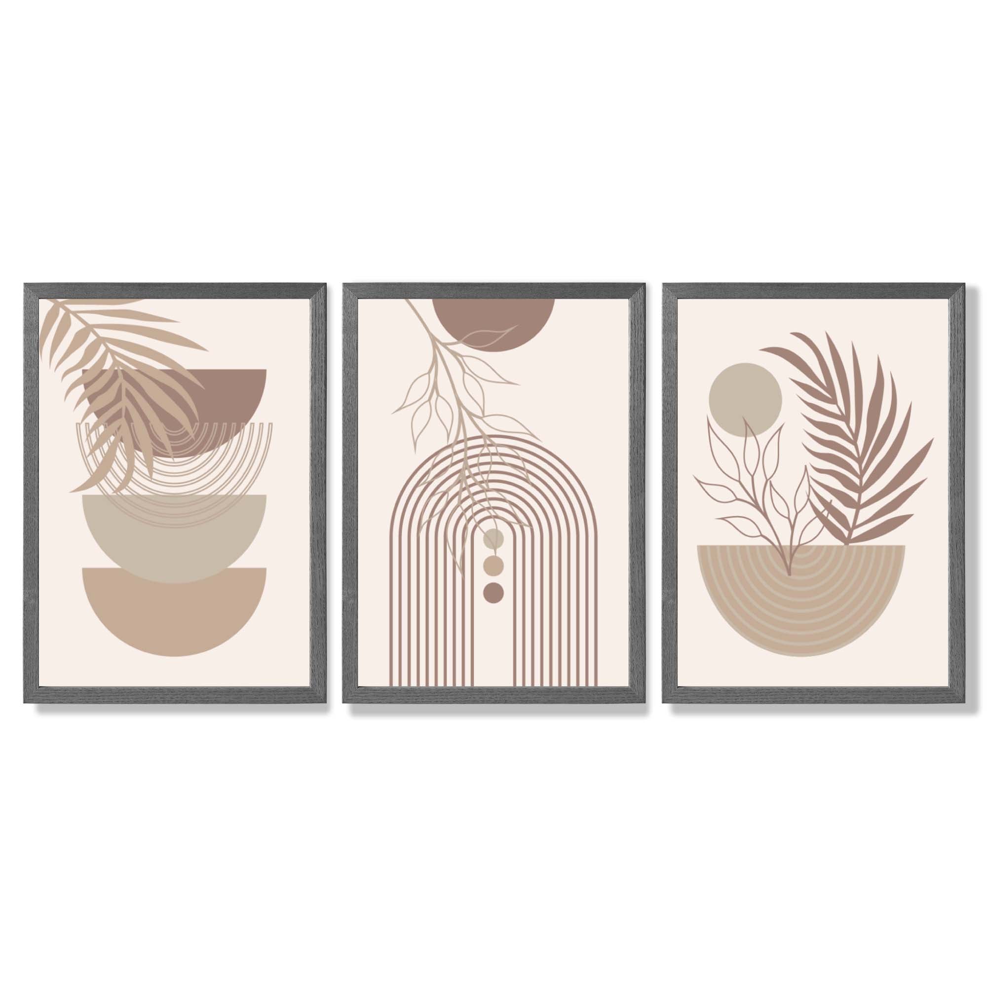 Set of 3 Boho Floral Geometric Neutral Beige Framed Art Prints with Dark Grey Wooden Frames