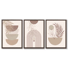 Set of 3 Boho Floral Geometric Neutral Beige Framed Art Prints with Dark Wood Frames