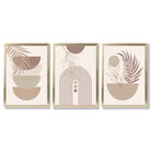 Set of 3 Boho Floral Geometric Neutral Beige Framed Art Prints with Gold Wood Frames