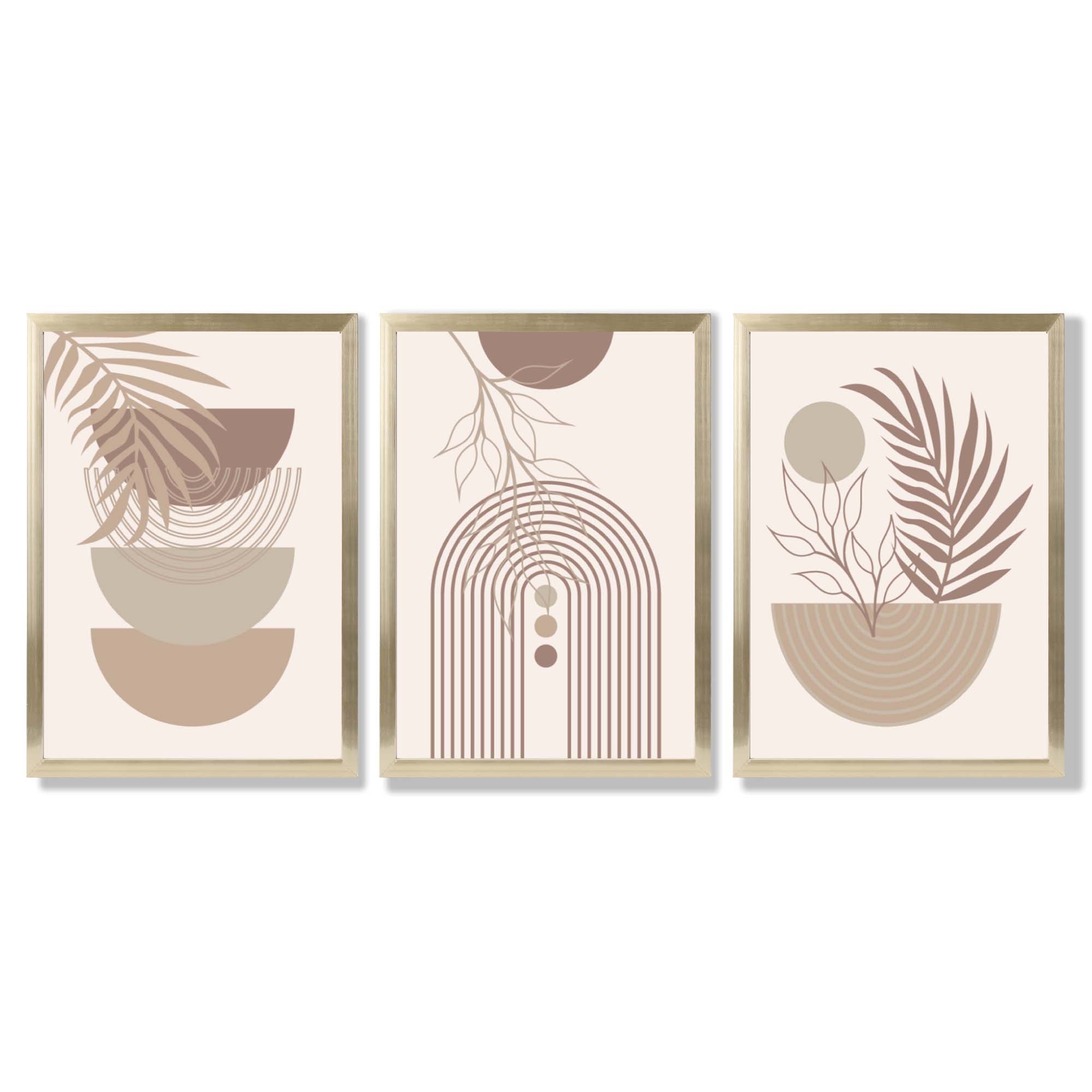 Set of 3 Boho Floral Geometric Neutral Beige Framed Art Prints with Gold Wood Frames