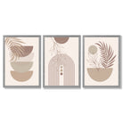 Set of 3 Boho Floral Geometric Neutral Beige Framed Art Prints with Light Grey Wooden Frames