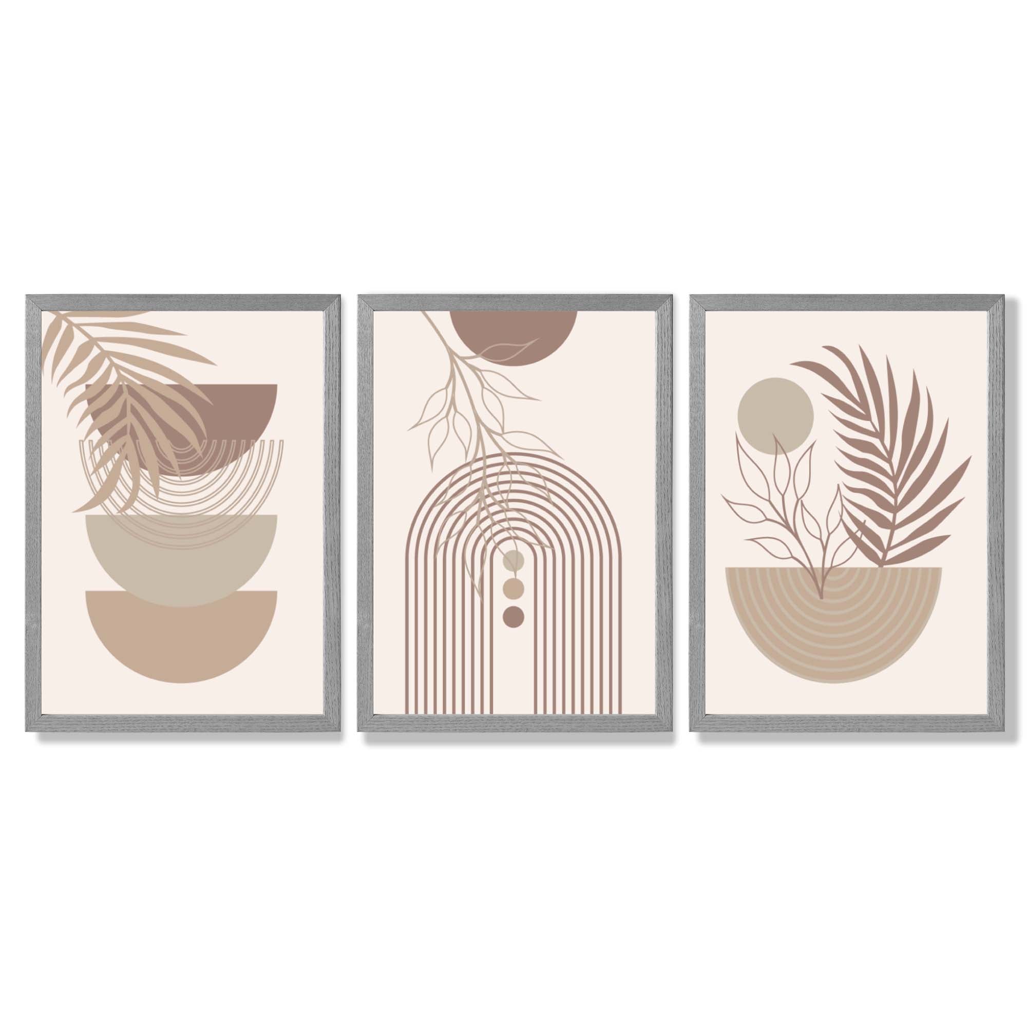 Set of 3 Boho Floral Geometric Neutral Beige Framed Art Prints with Light Grey Wooden Frames