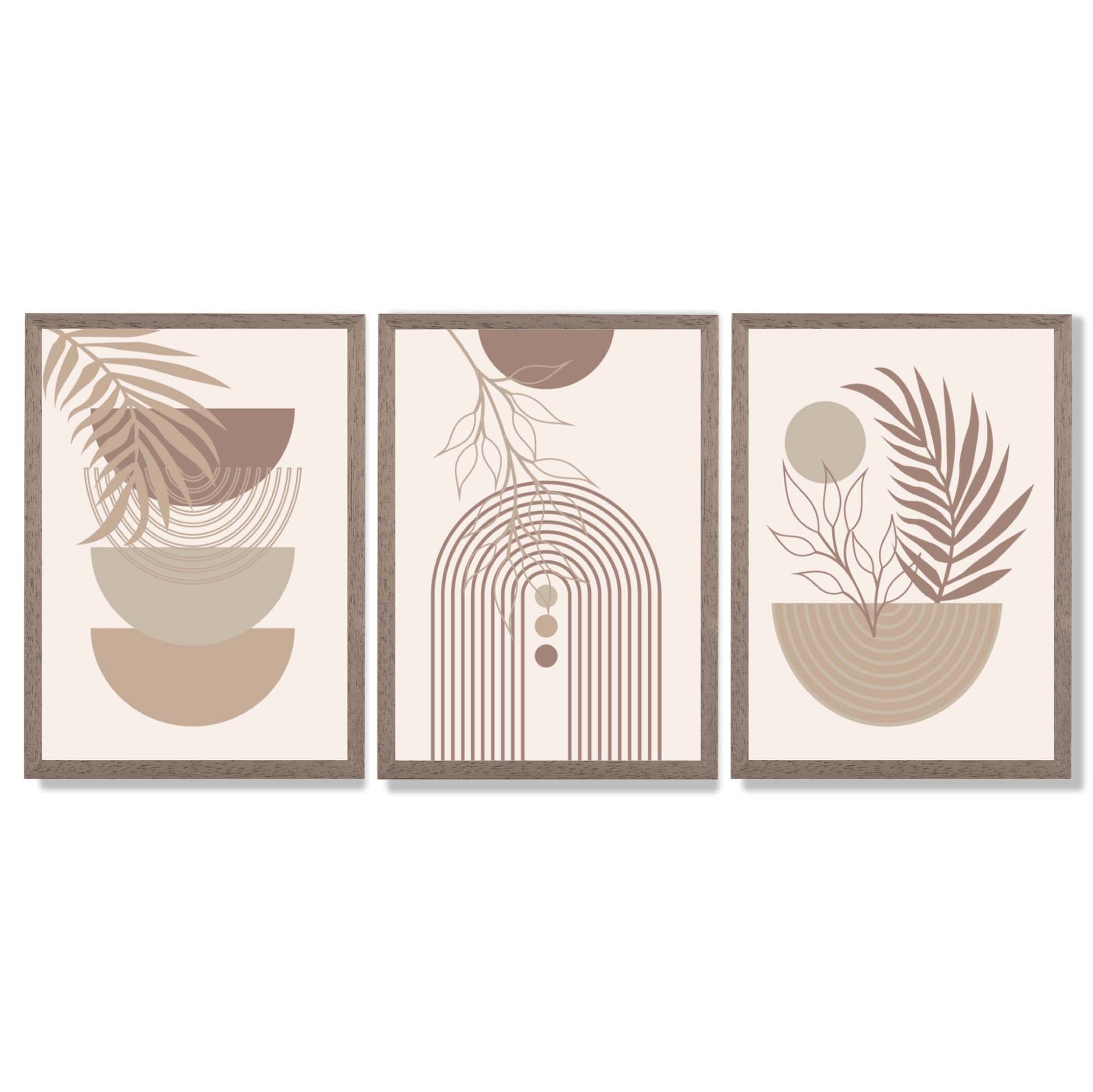 Set of 3 Boho Floral Geometric Neutral Beige Framed Art Prints with Light Walnut Frames