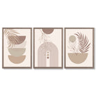 Set of 3 Boho Floral Geometric Neutral Beige Framed Art Prints with Light Walnut Frames