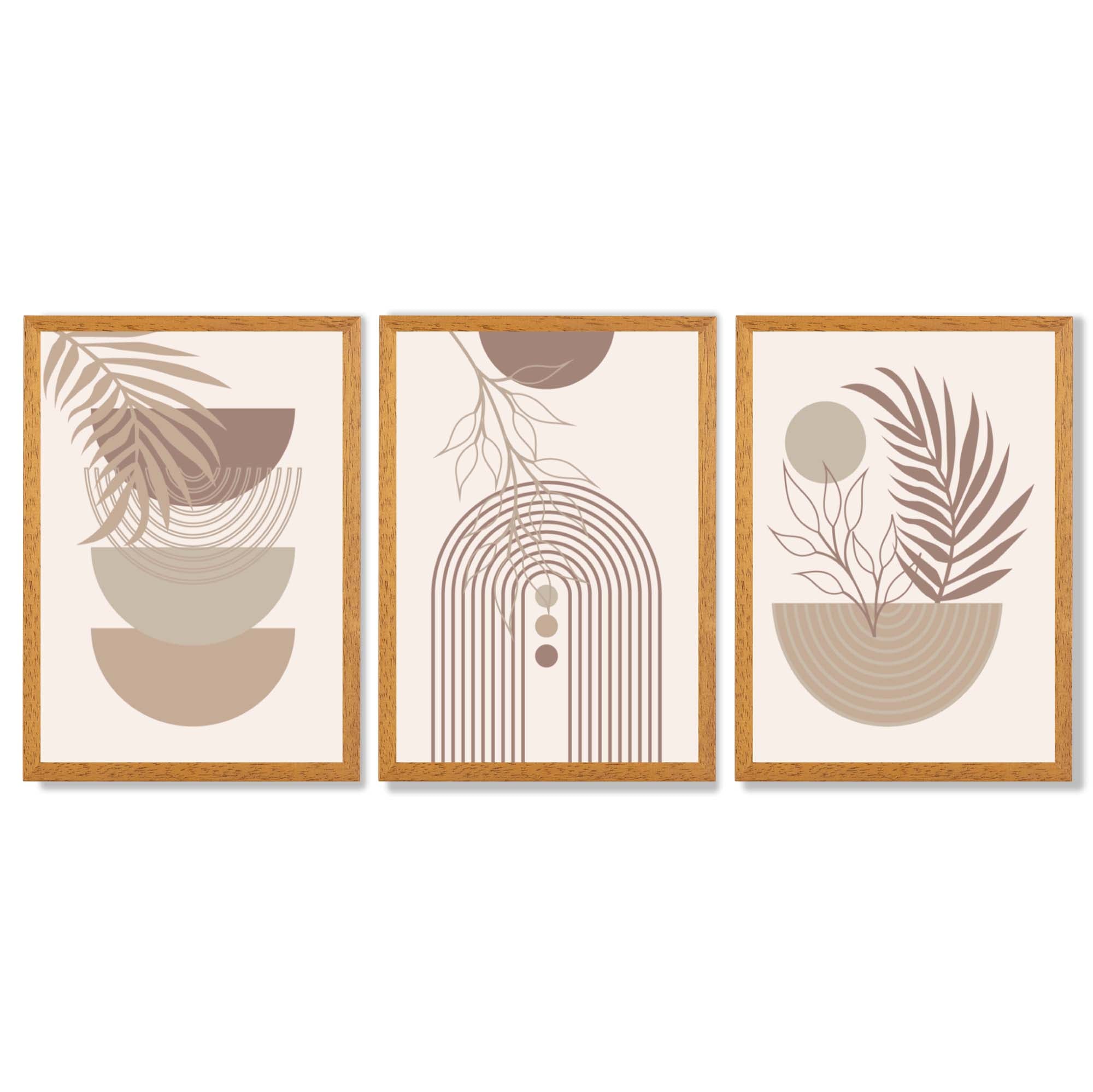 Set of 3 Boho Floral Geometric Neutral Beige Framed Art Prints with Oak Wooden Frames