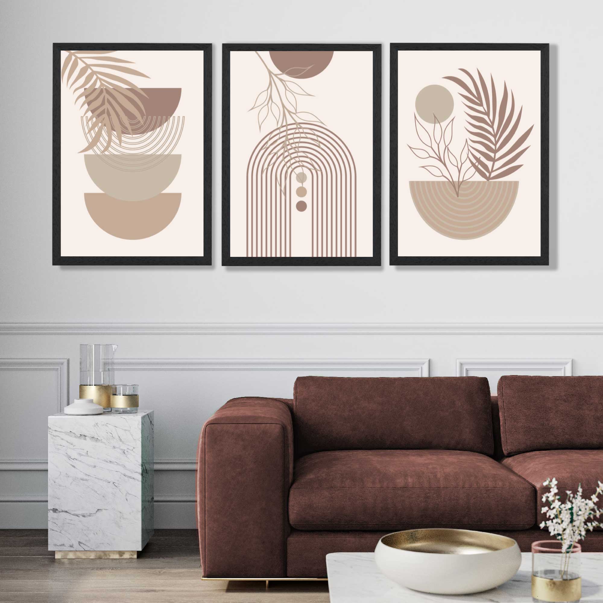 Set of 3 Boho Floral Geometric Neutral Beige Framed Art Prints in Luxury Frames | Artze UK