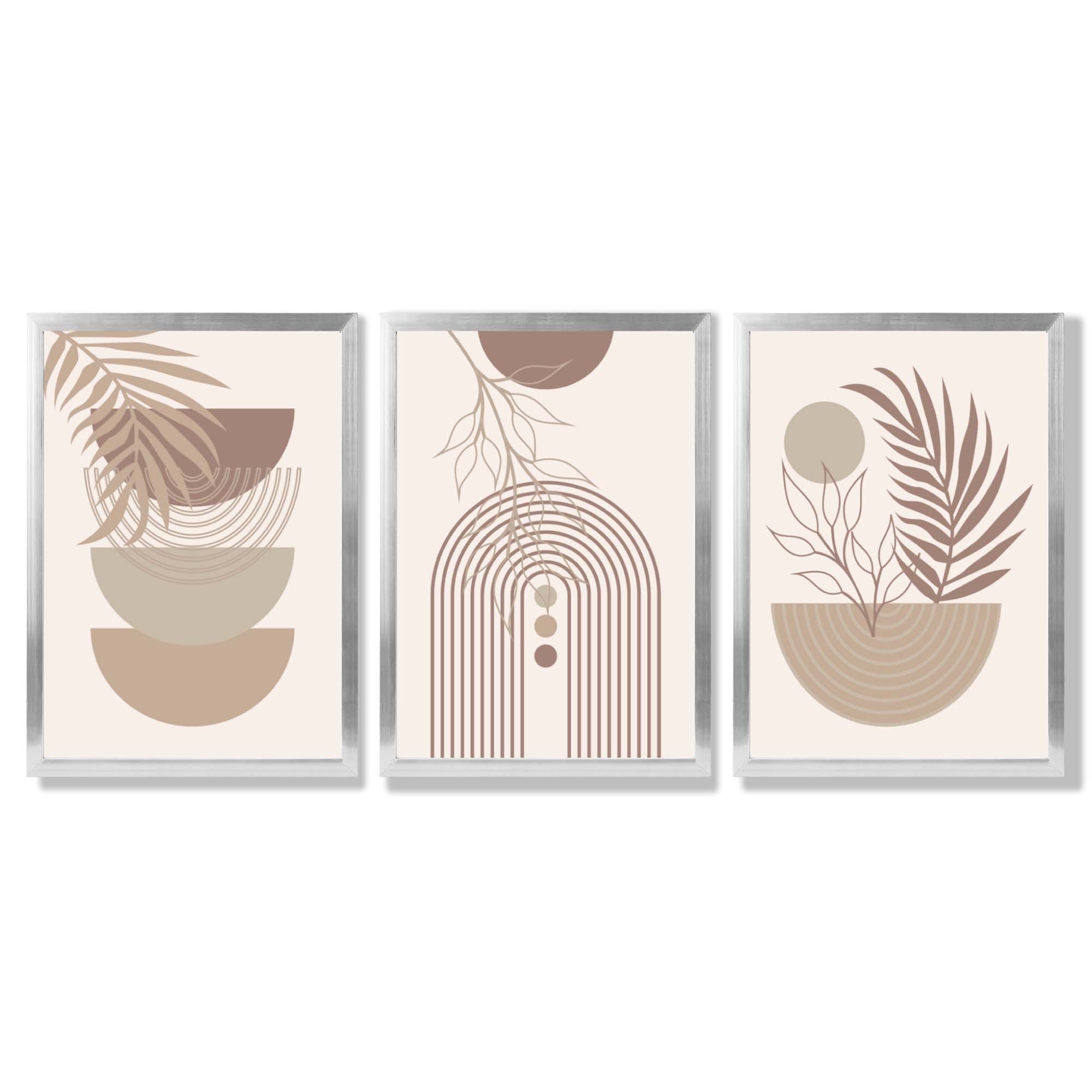 Set of 3 Boho Floral Geometric Neutral Beige Framed Art Prints with Silver Wood Frames