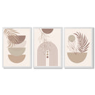 Set of 3 Boho Floral Geometric Neutral Beige Framed Art Prints with White Wooden Frames