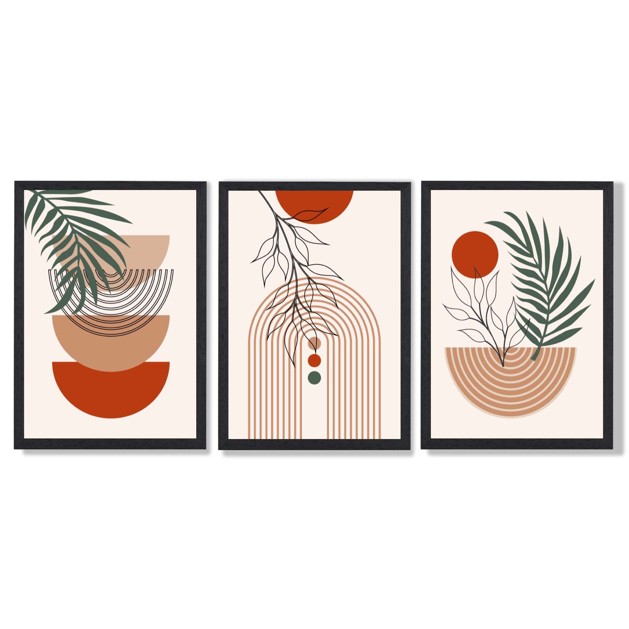 Set of 3 Boho Floral Geometric Green and Orange Framed Art Prints with Black Wooden Frames