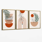 Set of 3 Boho Floral Geometric Green and Orange Canvas Art Prints with Gold Float Frame