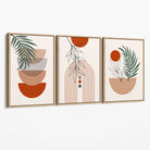 Set of 3 Boho Floral Geometric Green and Orange Canvas Art Prints with Oak Float Frame