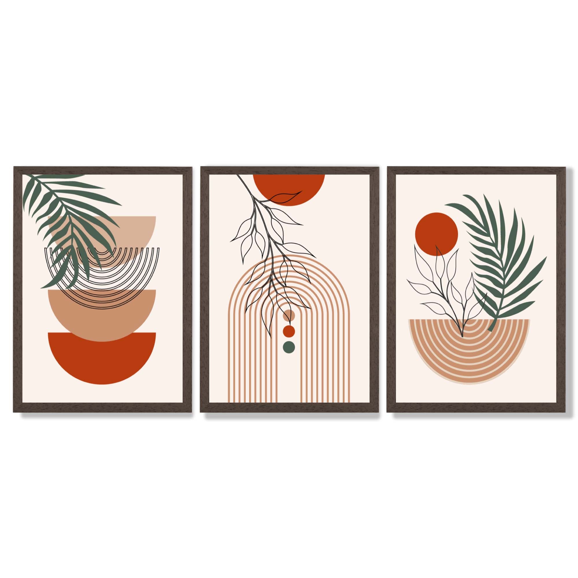 Set of 3 Boho Floral Geometric Green and Orange Framed Art Prints with Dark Wood Frames