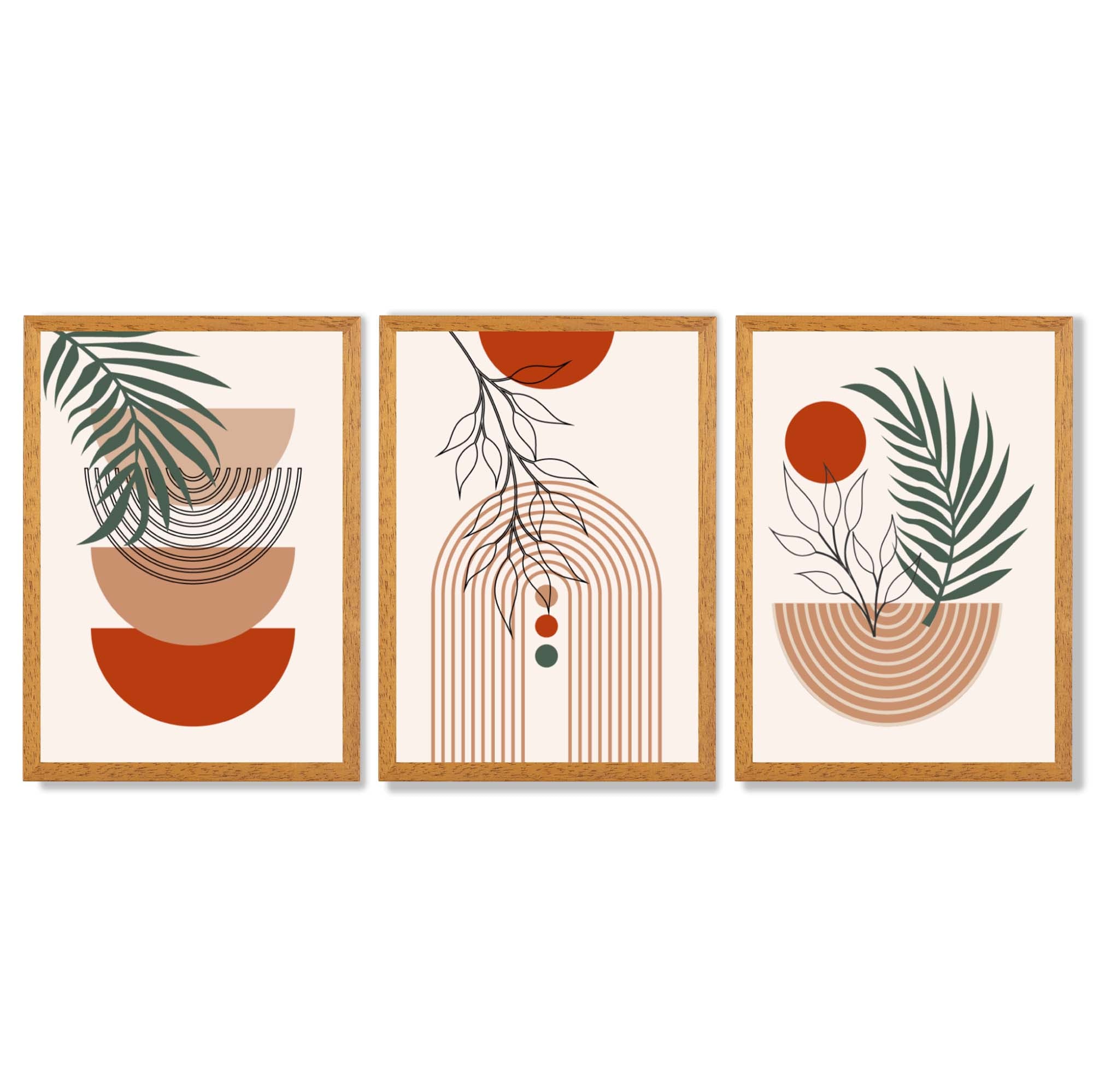 Set of 3 Boho Floral Geometric Green and Orange Framed Art Prints with Oak Wooden Frames
