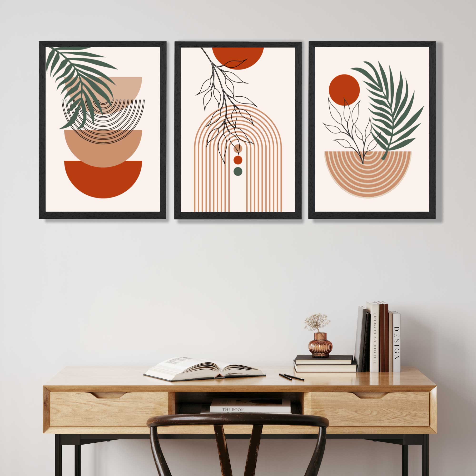 Set of 3 Boho Floral Geometric Green and Orange Art Prints in Black Frames | Artze UK