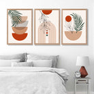 Set of 3 Boho Floral Geometric Green and Orange Art Prints in Oak Frames | Artze UK