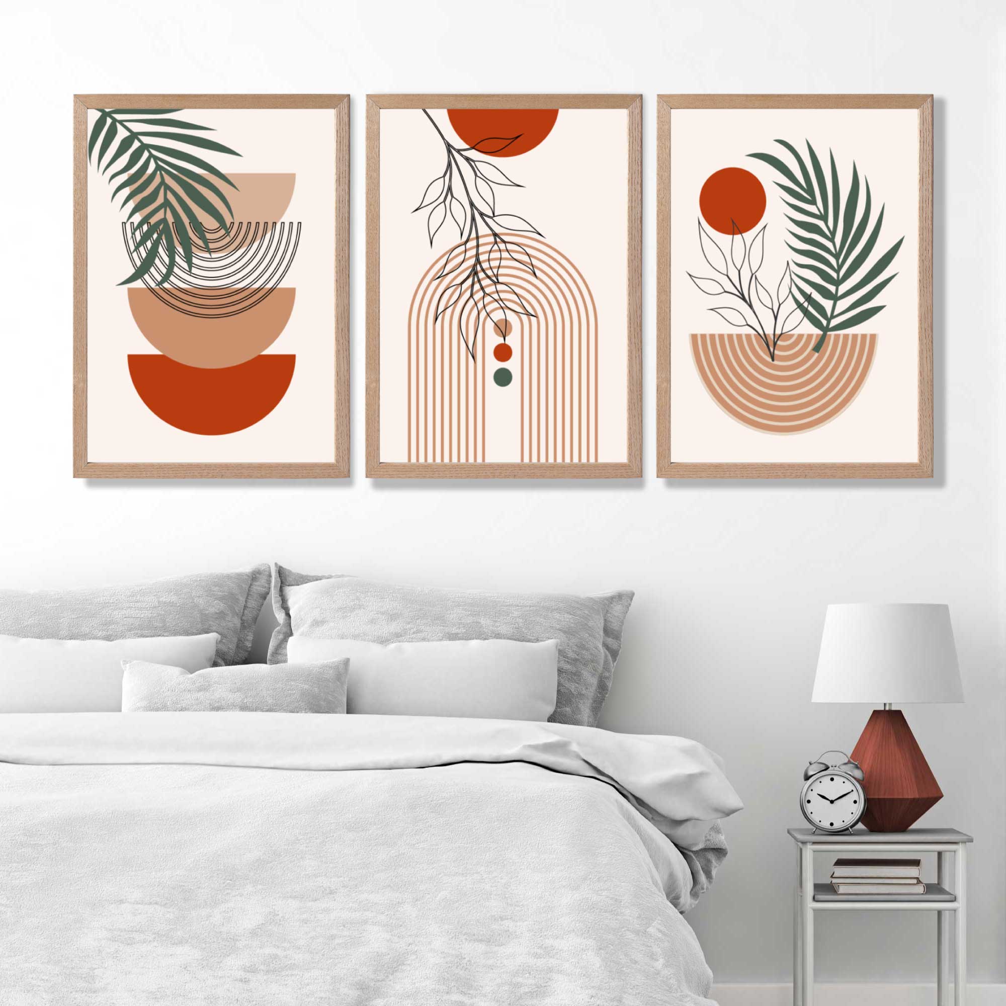 Set of 3 Boho Floral Geometric Green and Orange Art Prints in Oak Frames | Artze UK
