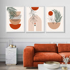 Set of 3 Boho Floral Geometric Green and Orange Art Prints in White Frames | Artze UK