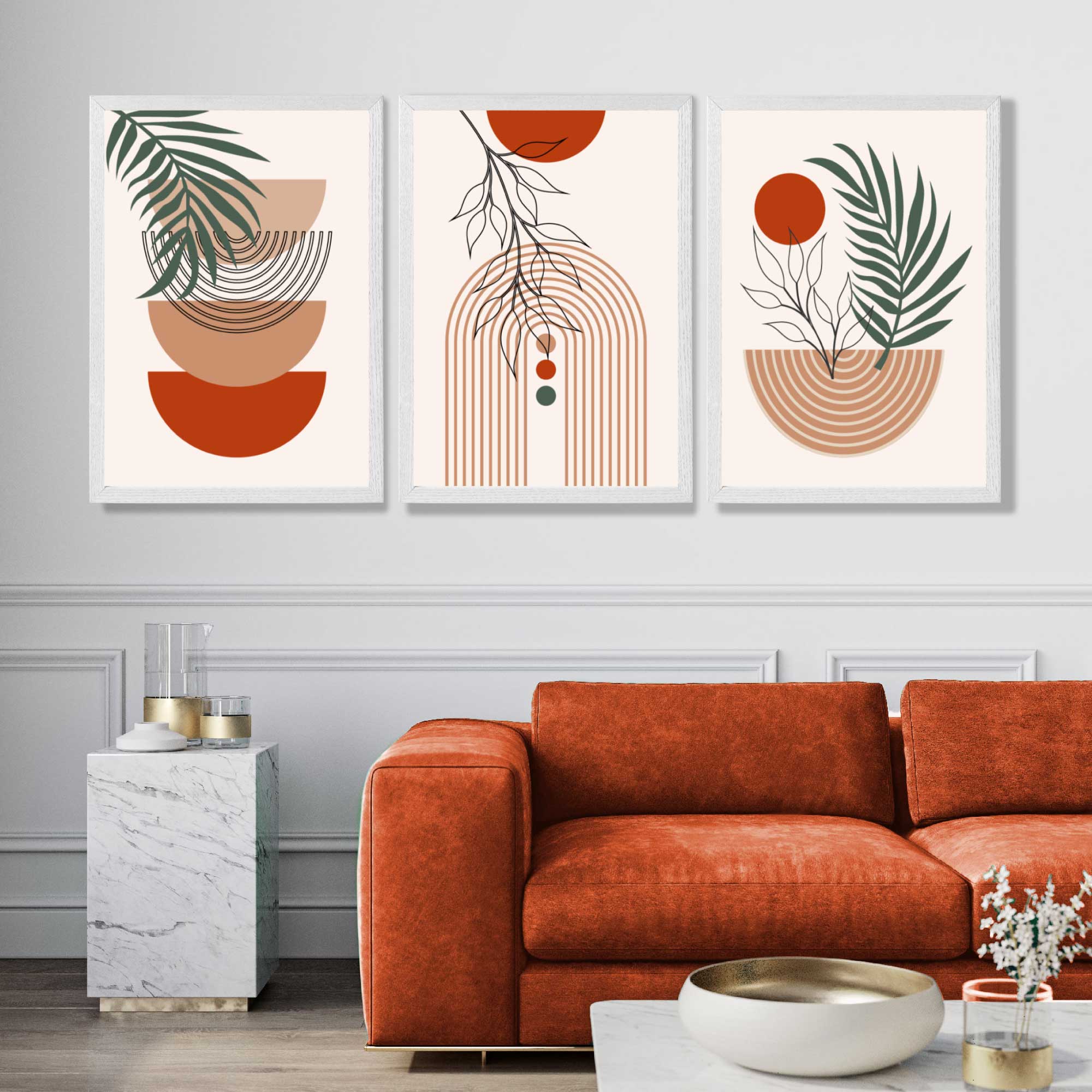 Set of 3 Boho Floral Geometric Green and Orange Art Prints in White Frames | Artze UK
